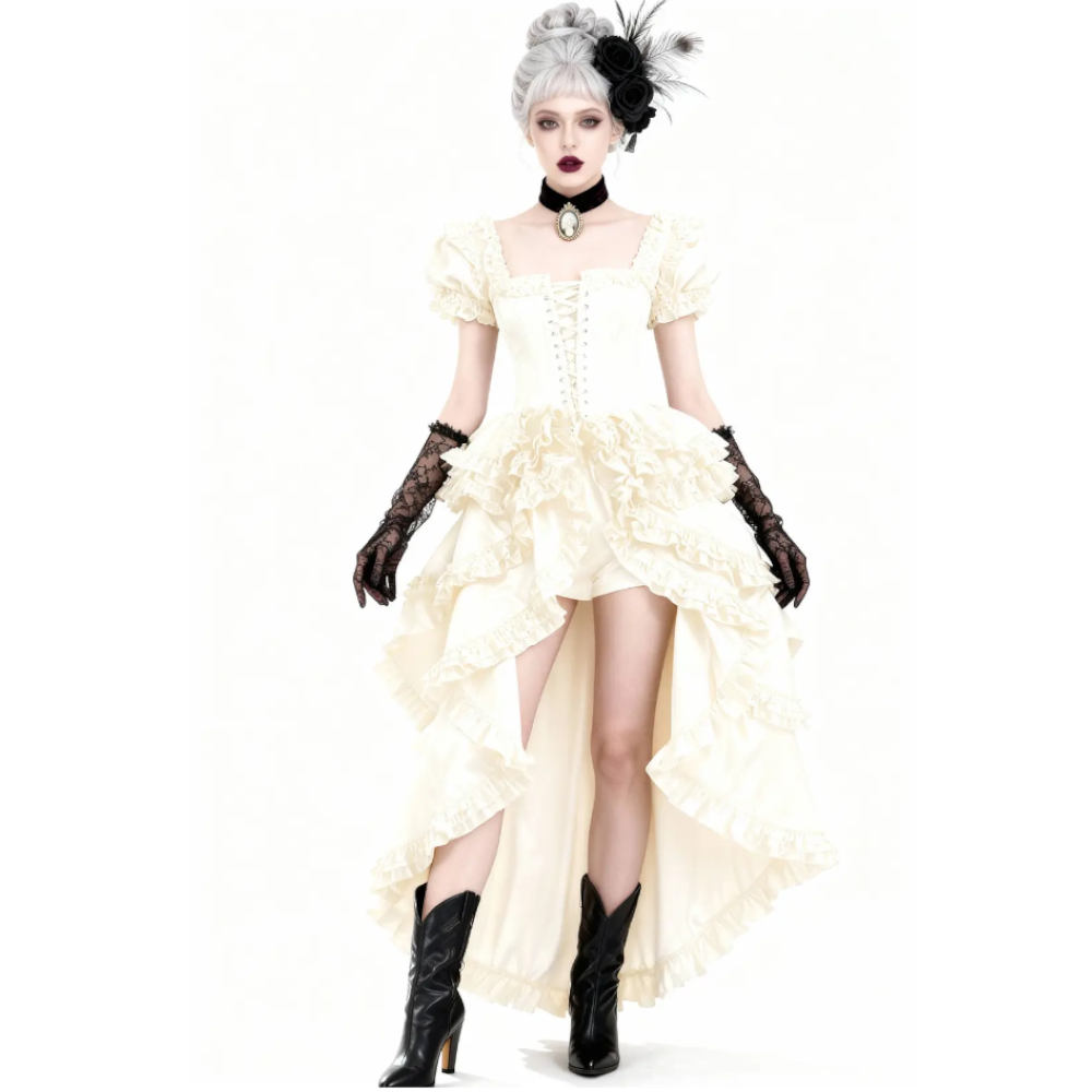 Attitude Corsets - Shalaya Rococo Satin Frill Langes Korsett Kleid - Elfenbeinfarben